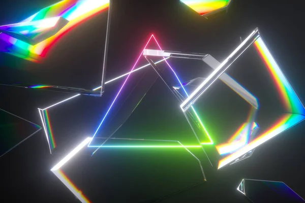 Vykreslování Abstraktní Futuristické Pozadí Trojúhelníkový Rám Střepy Skla Neonové Světlo — Stock fotografie