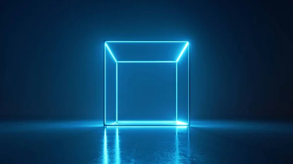 3d render, abstract neon background with cube glowing with blue light