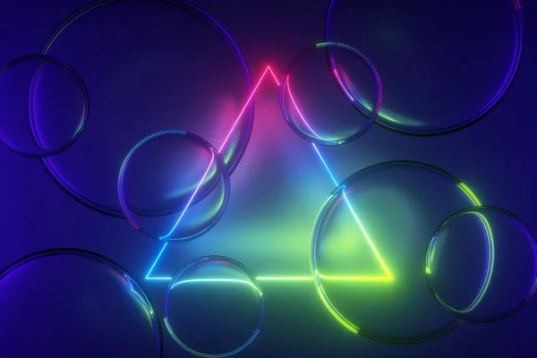 Render Absztrakt Színes Neon Háttér Háromszög Alakú Kerettel Üveggolyókkal Fénylő — Stock Fotó