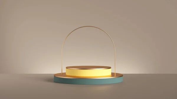 3Dレンダリング 黄金のアーチと空の表彰台と抽象的な背景 製品プレゼンテーションのための現代的な最小ショーケースシーン — ストック写真