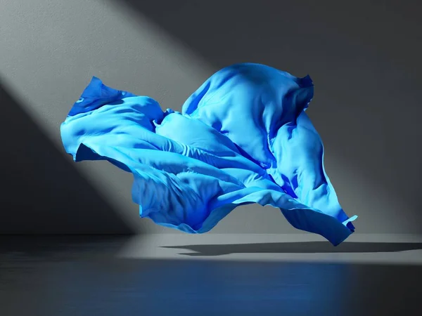Weergave Abstract Fashion Achtergrond Met Blauwe Stof Doek Vallen Vloer — Stockfoto