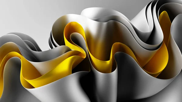 3Dレンダリング 折り畳まれた布マクロと抽象的な現代的な最小限の白の黄色の背景 波状の層を持つファッション壁紙 — ストック写真