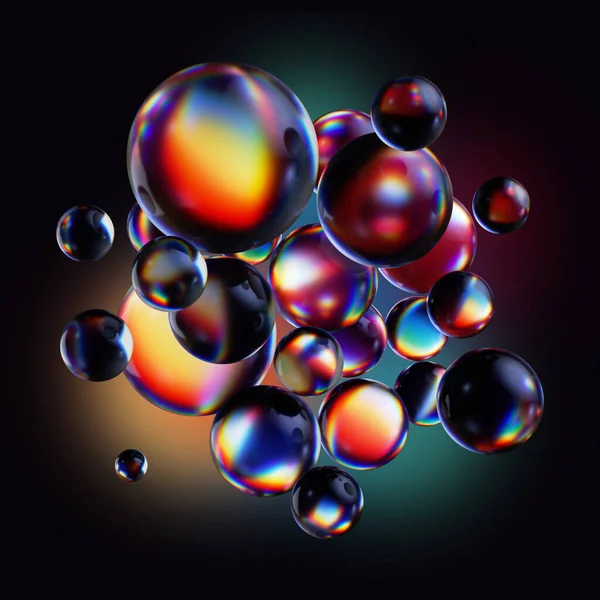 三维渲染 深色背景 带有抽象的彩色玻璃球或发亮的气泡 — 图库照片