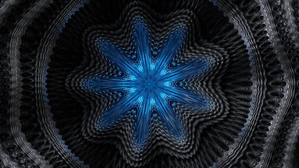 Render Abstrakter Schwarzer Fraktaler Hintergrund Beleuchtet Mit Blauem Neonlicht Mikrobiologische — Stockfoto
