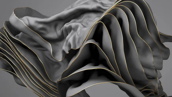 三维渲染 抽象背景 多层黑色波浪拉风与金牙 布宏观 波浪形壁纸与丝质纺织品 — 图库照片