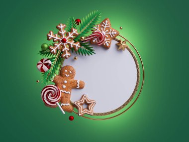 3D sunum, Noel tebrik kartı modeli. Fotokopi alanlı yuvarlak çerçeve, şenlikli süsler, zencefilli kurabiye adam, kurabiyeler, karamel şeker kamışı, köknar ağacı dalları ile süslenmiş; yeşil arka planda izole edilmiş.