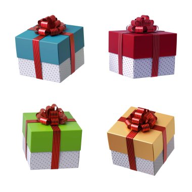 3D hediye kutusu klipsi, beyaz arka planda izole edilmiş. Kırmızı kurdeleli çeşitli paketlenmiş kutular. Farklı bakış açılarındaki nesneler.