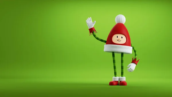 3D渲染 圣诞精灵玩具节庆剪贴画孤立在绿色背景 红帽吉祥物与Pom Pom 可爱的小桑塔助手 — 图库照片