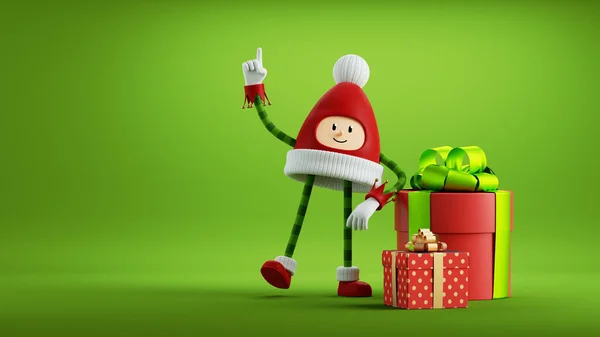 3D渲染 圣诞玩具和礼品盒夹艺术隔离绿色背景 红帽吉祥物与脸的手和腿 小桑塔助手 — 图库照片