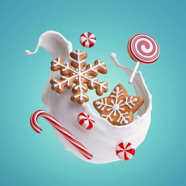 ミルクスプラッシュ ジンジャーブレッドクッキー キャラメルキャンディーの3Dレンダリングは 青の背景に隔離されています 白い水しぶき液体波とお菓子が浮かび上がります クリスマスフードイラスト — ストック写真
