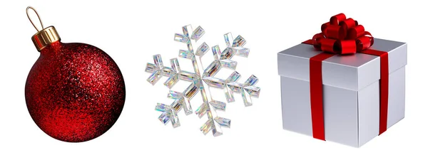 Render Kerst Ornamenten Rood Glas Bal Kristal Sneeuwvlok Verpakt Geschenkdoos — Stockfoto