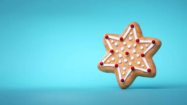 3Dレンダリング アイシングで飾られた星型ジンジャーブレッドクッキー ベイクドビスケット 伝統的なクリスマスフードクリップアートは青の背景に隔離されています — ストック写真