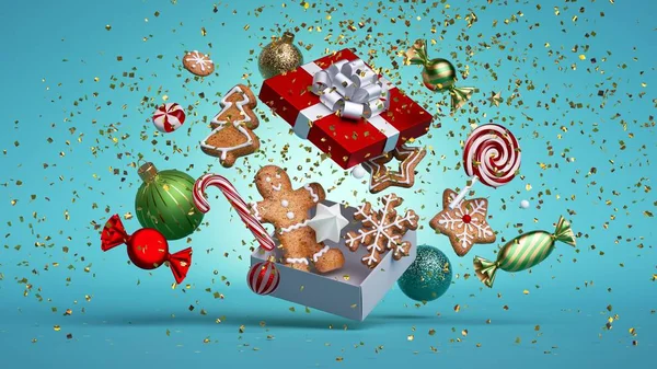 3Dレンダリングクリスマスプレゼント箱爆発 ジンジャーブレッドクッキー キャンディー コンフェッティ ボールの装飾品が青い背景を飛んでいます 浮遊物 — ストック写真