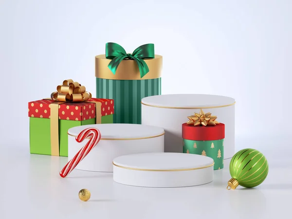 3Dレンダリング 白い背景に隔離された空の台座とクリスマスギフトボックス 包装されたパッケージ 伝統的なお祝いの贈り物と空白の表彰台 — ストック写真