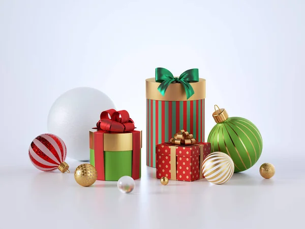 3D渲染 红色的绿色礼品盒和玻璃球饰物隔离在白色背景 圣诞礼物堆 各种包装 — 图库照片