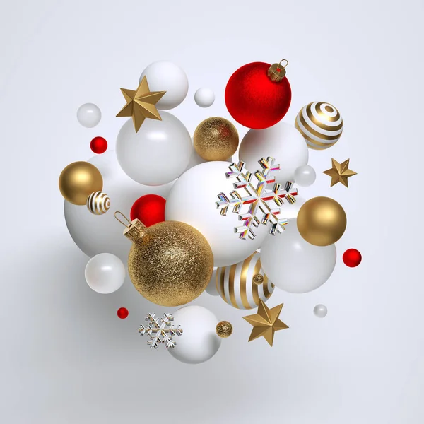 3D圣诞装饰品 红色和金色的球 星星和雪花飘扬 季节性节庆剪贴艺术 隔离在白色背景 假日概念摘要 — 图库照片