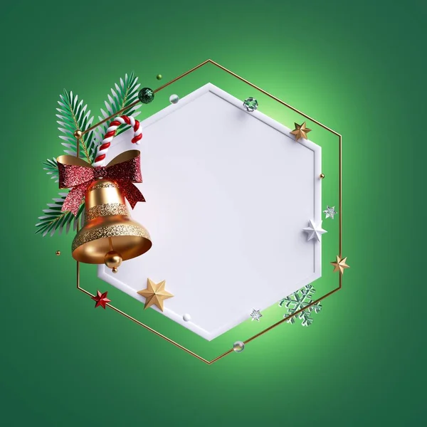 Render Minimális Karácsonyi Hatszögletű Keret Elszigetelt Zöld Háttér Díszített Arany — Stock Fotó