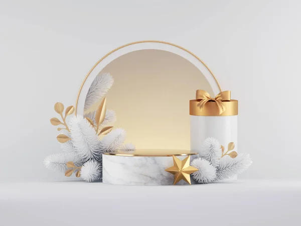 3d render, Christmas white gold background with empty marble podium, round frame, gift box, spruce twig and festive ornaments. Commercial seasonal showcase mockup for product presentation.