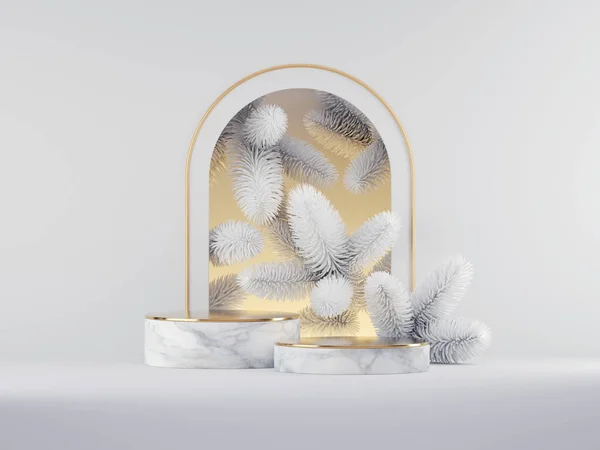 3d render, Christmas white gold background with empty marble pedestals and frozen spruce twigs inside the round arch. Commercial seasonal showcase mockup with blank space for product presentation