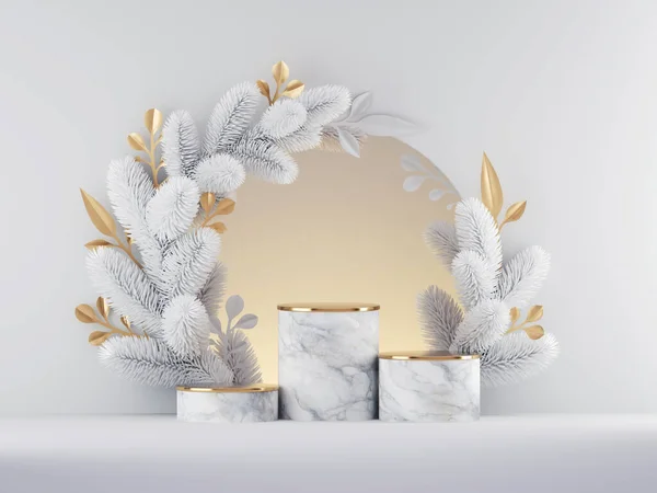 3d render, Christmas white gold background with empty marble pedestal steps and round frame decorated with spruce twigs and ornaments. Seasonal championship chart mockup for product presentation