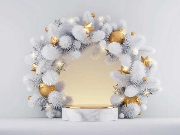 3Dレンダリング 大理石の表彰台とお祝いの装飾や照明で飾られた丸いトウヒのリースとクリスマスホワイトゴールドの背景 商業季節のショーケース製品プレゼンテーションのためのモックアップ — ストック写真