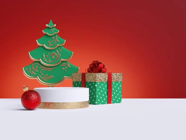 3Dクリスマス商業モックアップ ショッピングセールコンセプト ギフトボックス モミの木 赤いボールの飾り 赤い背景 白い床 空の空間 — ストック写真