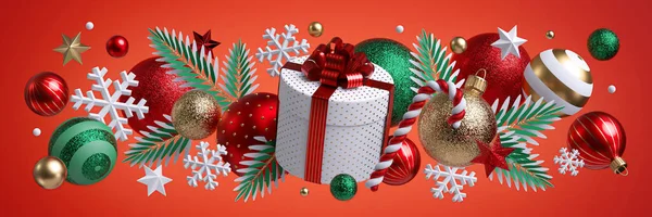 Sfondo Rosso Natale Bordo Orizzontale Festivo Confezione Regalo Rotonda Ornamenti — Foto Stock
