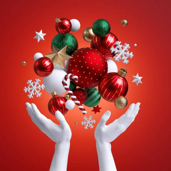 3D白いマネキンの手はクリスマスの装飾品 緑及び金球 星およびキャンディーの杖の束を保持する 赤い背景に隔離された季節のお祝いのクリップアート 抽象的な休日の概念 — ストック写真