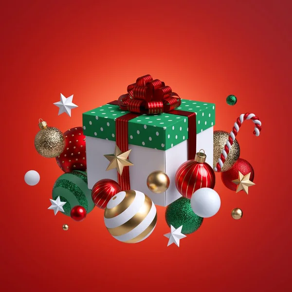 3Dレンダリング クリスマスの装飾品とギフトボックスは赤い背景に隔離されています 緑の金のボール 白い星 キャンディーの杖の束 季節のお祝いのクリップアート グリーティングカード 抽象的な休日の概念 — ストック写真