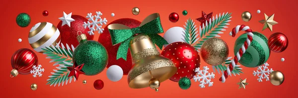 Natal Fundo Vermelho Fronteira Horizontal Festiva Sino Dourado Ornamentos Variados — Fotografia de Stock
