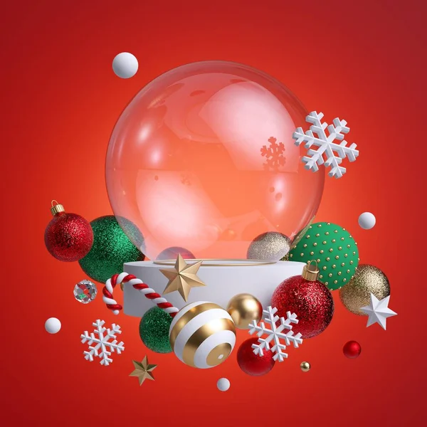 3D玻璃球 装饰圣诞装饰品 隔离在红色背景 空白的模型 空旷的空间 海报模型 水晶星 糖果棒 季节性节庆剪贴画 — 图库照片