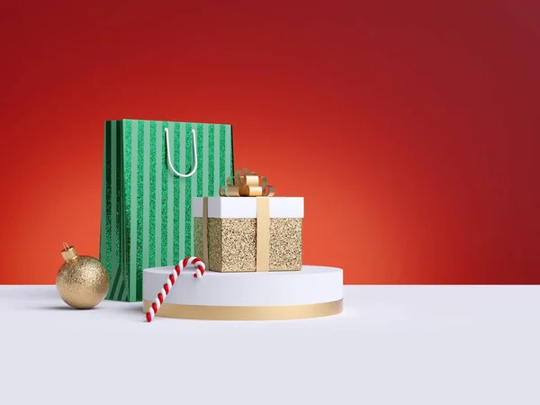 3Dクリスマス商業モックアップ ショッピングバッグ ラウンド表彰台 黄金のボールの装飾 キャンディーの杖 赤の背景 白い床 空っぽの空間だ シリンダー プラットフォームだ — ストック写真