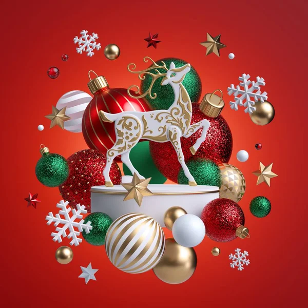 Karácsonyi Díszek Elszigetelt Piros Háttér Dekoratív Rénszarvas Áll Fehér Talapzaton — Stock Fotó