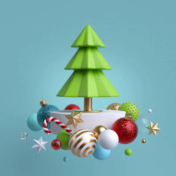 Abeto Navidad Decorado Con Adornos Aislado Sobre Fondo Azul Decoración — Foto de Stock