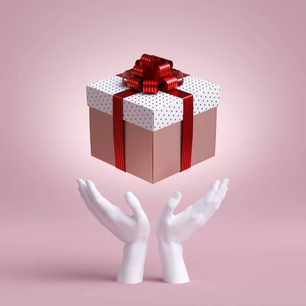 3D白色的人体模特手拿着包着红丝带蝴蝶结礼品盒 季节性节庆剪贴艺术 隔离在粉红色背景 摘要概念 — 图库照片