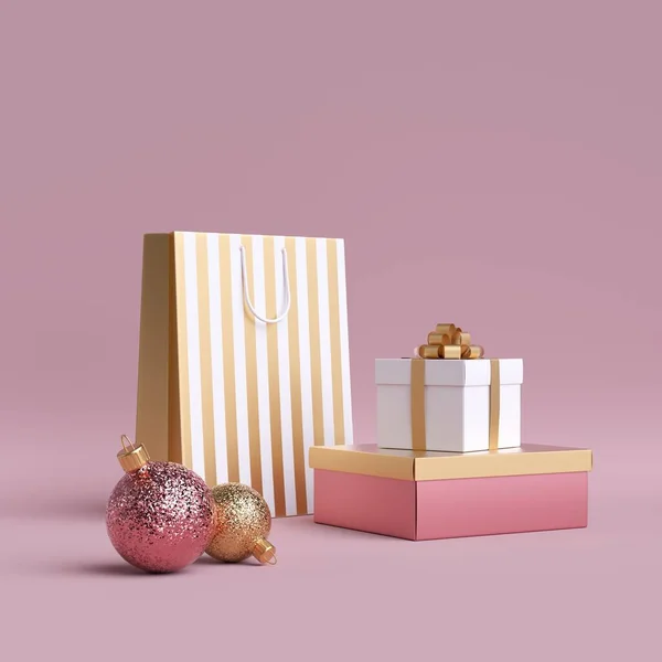 3Dショッピングバッグ ガラスボール装飾 包装ギフトボックス 広告のためのクリスマス女性の商業モックアップ ピンクの背景に孤立したクリップアート シリンダープラットフォーム — ストック写真