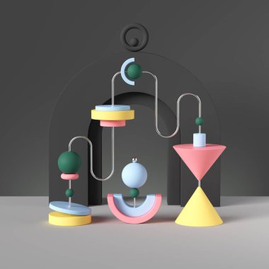 3D ilkel geometrik şekiller, renkli oyuncaklar, soyut arkaplan, postmodern kurulum, memphis ilham verici kompozisyon, yaratıcı asimetrik yapı