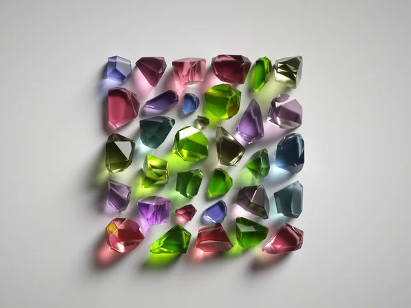 3Dレンダリング 白の背景に隔離されたカラフルな精神的な結晶 レイキ癒しクォーツ 神秘的な鉱物 ラフナゲット ファッション宝石 半貴石 正方形の形状 — ストック写真