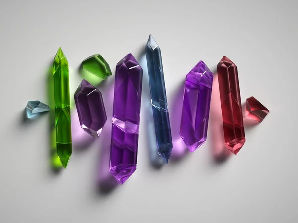 Render Diverse Färgglada Kristaller Isolerade Vit Bakgrund Grova Nuggets Facetterade — Stockfoto