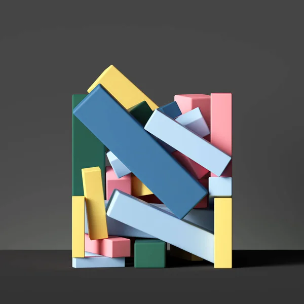 Formas Geométricas Coloridas Aisladas Negro Fondo Abstracto Pila Cubos Primitivos — Foto de Stock