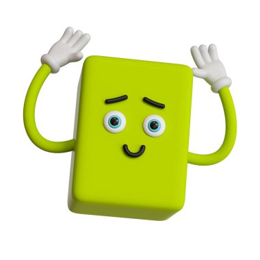 3D canlandırma, soyut duygusal yüz simgesi, beyaz arkaplanda izole edilmiş yeşil simge klipsi. Utangaç çizgi film karakteri çizimi, komik canavar pes et, eller yukarı, kare emoji, sevimli aptal küp oyuncak