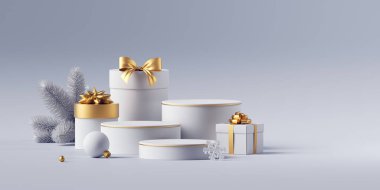 3D görüntü, beyaz ve altın minimalist Noel sahnesi, ürün sunumu için boş bir vitrin. Paketlenmiş hediyeler, şenlikli süsler ve beyaz arka planda izole edilmiş kaideler. Ticari satış afişi