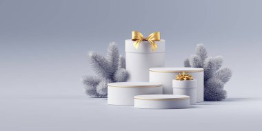 3D renkler, beyaz ve altın sarısı tatil arkaplanı boş podyumlar, donmuş ladin dalları, paketlenmiş hediye kutuları ve Noel süsleri. Ürün sunumu için şenlikli gösteri