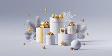 3D renkler, beyaz altın sarısı Noel arkaplanı hediye kutuları ve şenlikli süsler. Kış tatili duvar kağıdı