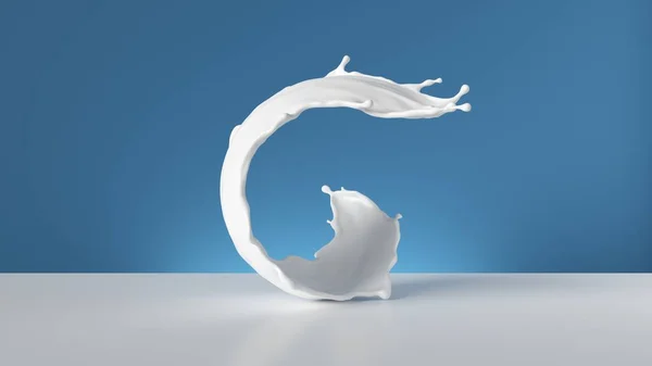 青い背景に隔離された白い液体スプラッシュの3Dレンダリング ミルクスプラッシュクリップアート 飲み物 渦のデザイン要素 波状ジェット 現代的なミニマルデザイン — ストック写真