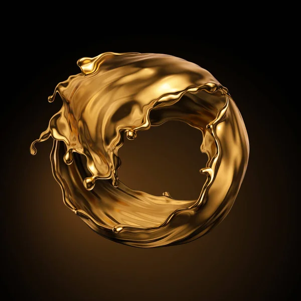 Rendering Okrągły Złoty Plusk Cieczy Metaliczny Wir Olejek Kosmetyczny Złoty — Zdjęcie stockowe