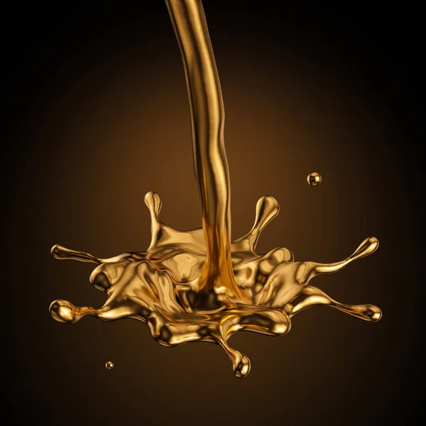 3Dレンダリング 液体金スプラッシュ 金属ジェット オイル 黄金のスプラッシュクリップアート アートペイント 黒の背景に隔離された抽象的なデザイン要素 化粧品成分ラグジュアリーなコンセプト — ストック写真
