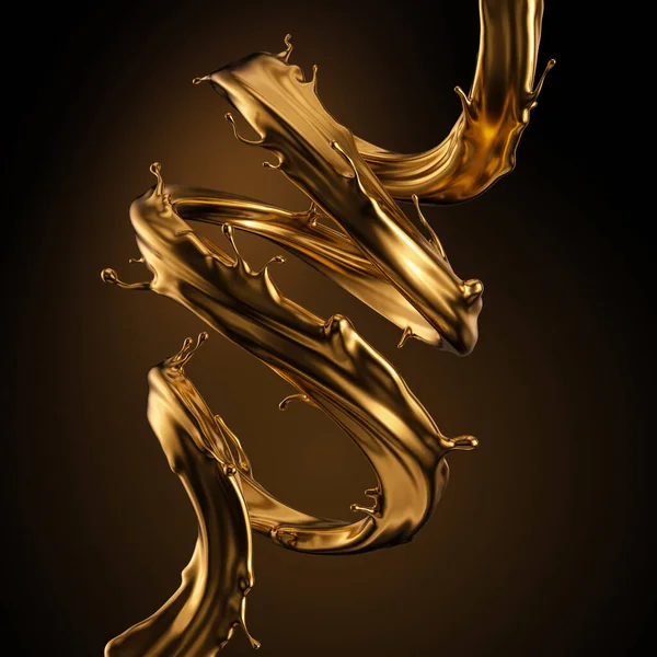 3Dレンダリング 液体スパイラルゴールドスプラッシュ アートペイント金属ジェット 光沢のある波 黄金のスプラッシュクリップアート 黒の背景に隔離された抽象的なデザイン要素 化粧品成分ラグジュアリーなコンセプト — ストック写真
