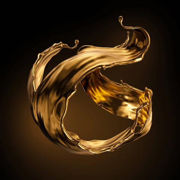Rendering Shiny Gold Liquid Splash Metallic Wave Swirl Cosmetic Oil — Stock Photo, Image