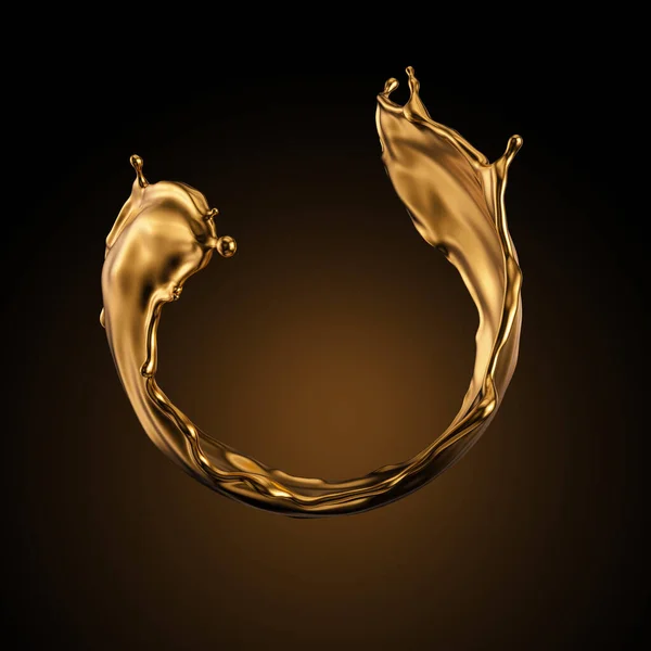 3Dレンダリング 光沢のある金波 液体スプラッシュ 金属渦 化粧油 黄金のスプラッシュクリップアート アートペイント 黒の背景に隔離された抽象的なデザイン要素 ラグジュアリーな美のコンセプト — ストック写真